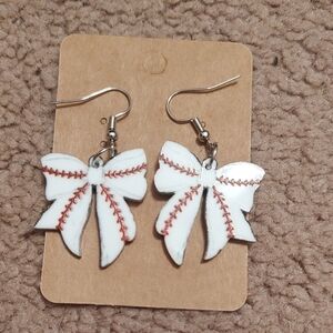 White Bow Baseball Earrings
